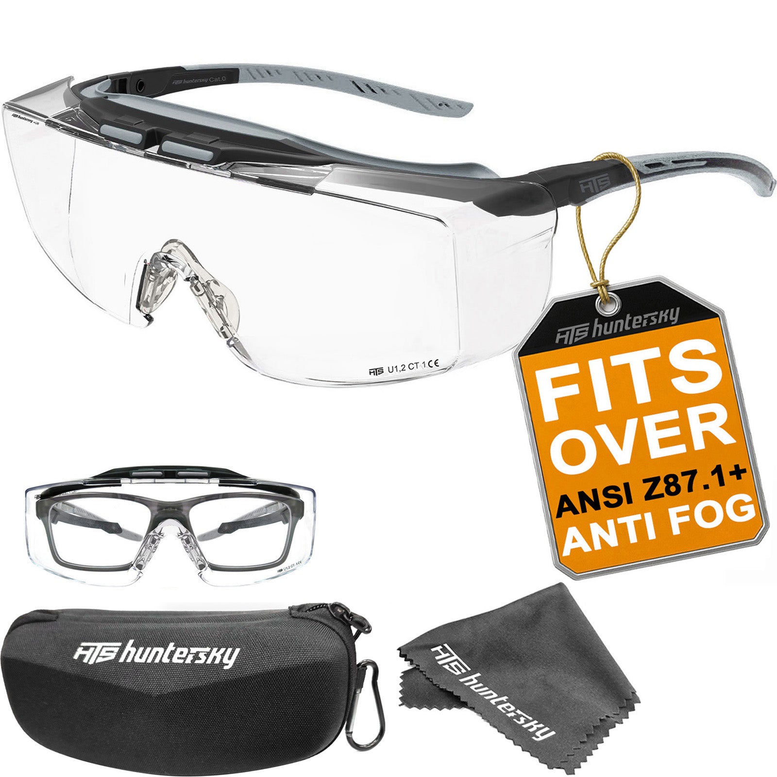 HTS HUNTERSKY 3906 ANSI Z87.1+ Anti Fog Lab Safety Glasses Fit Over Eyeglasses Up to 1.88 inch 100% UV Protective OTG Goggles