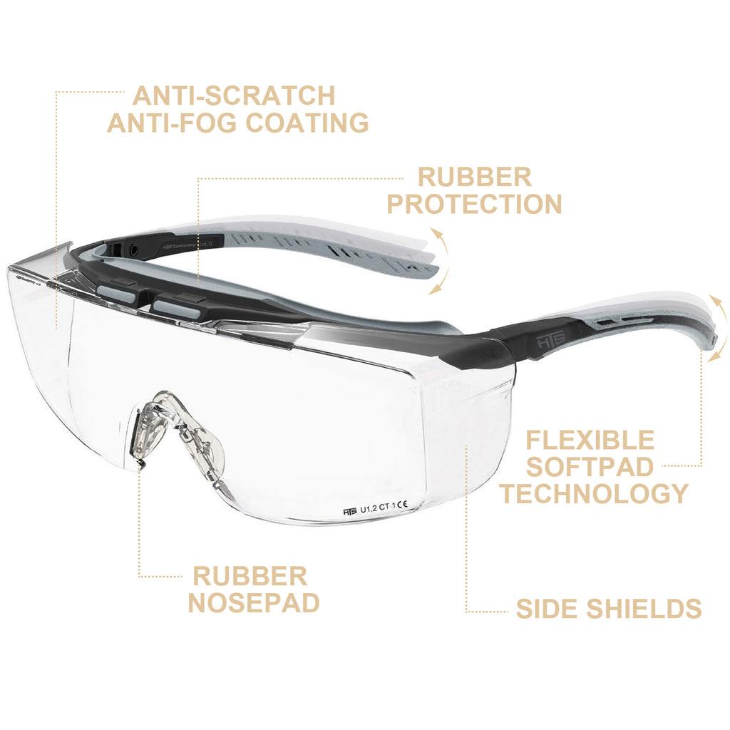 HTS HUNTERSKY 3906 ANSI Z87.1+ Anti Fog Lab Safety Glasses Fit Over Eyeglasses Up to 1.88 inch 100% UV Protective OTG Goggles