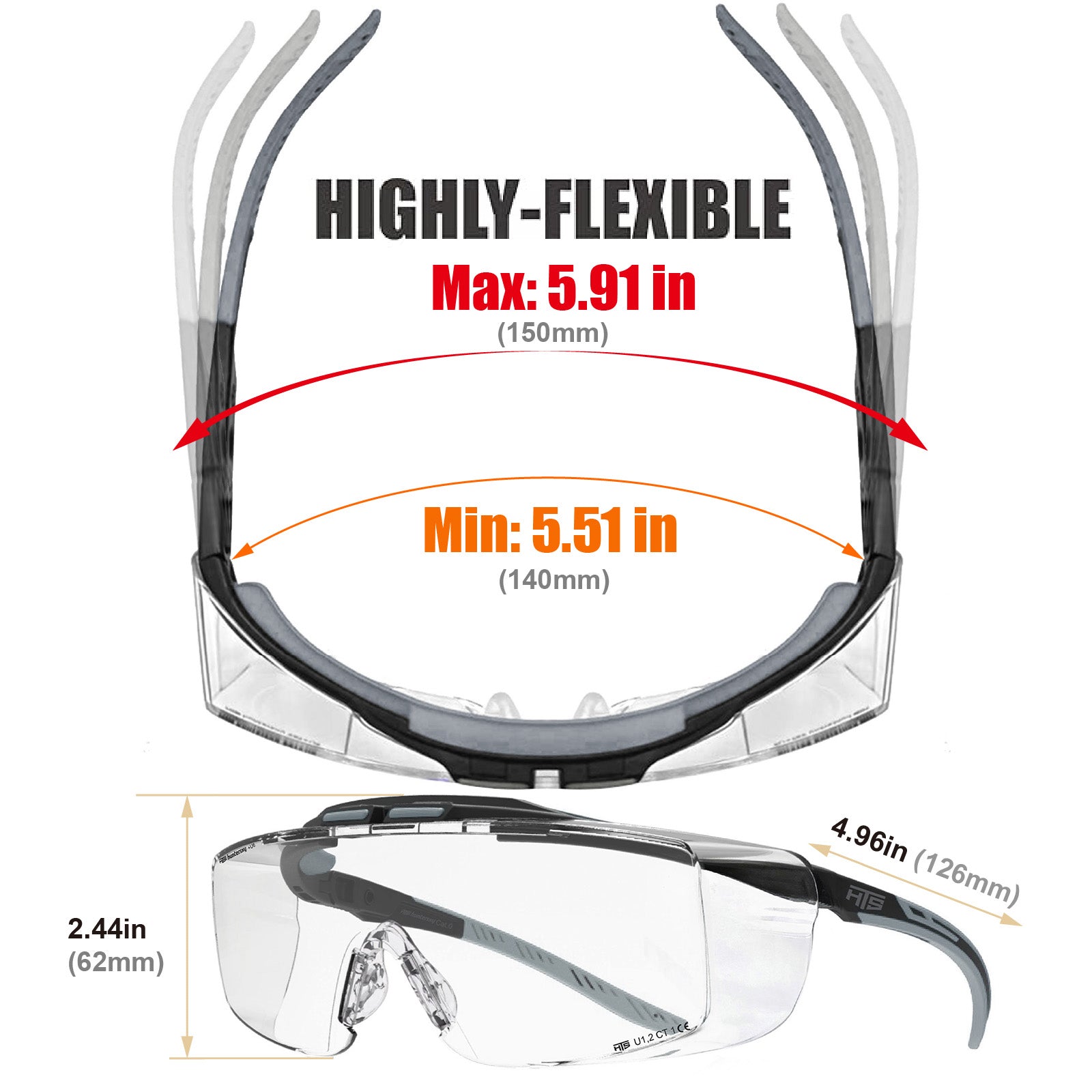 HTS HUNTERSKY 3906 ANSI Z87.1+ Anti Fog Lab Safety Glasses Fit Over Eyeglasses Up to 1.88 inch 100% UV Protective OTG Goggles