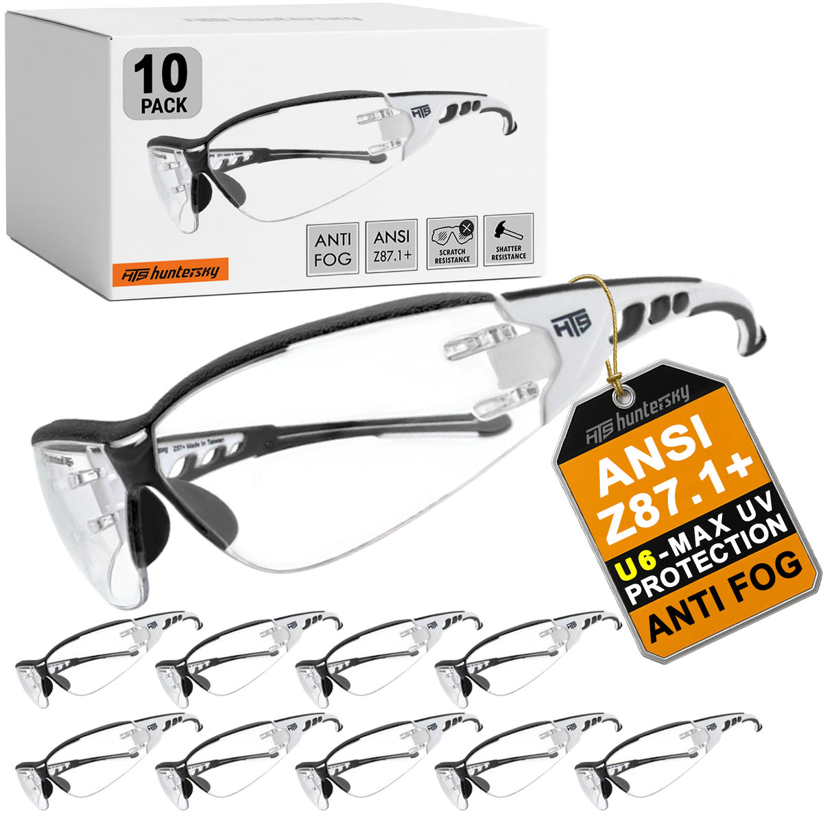 HTS HUNTERSKY E9532 Super Flexible Safety Glasses ANSI Z87.1 Anti Fog Lightweight Wrap-Around U6 Eye Pro for Shooting Scratch Resist