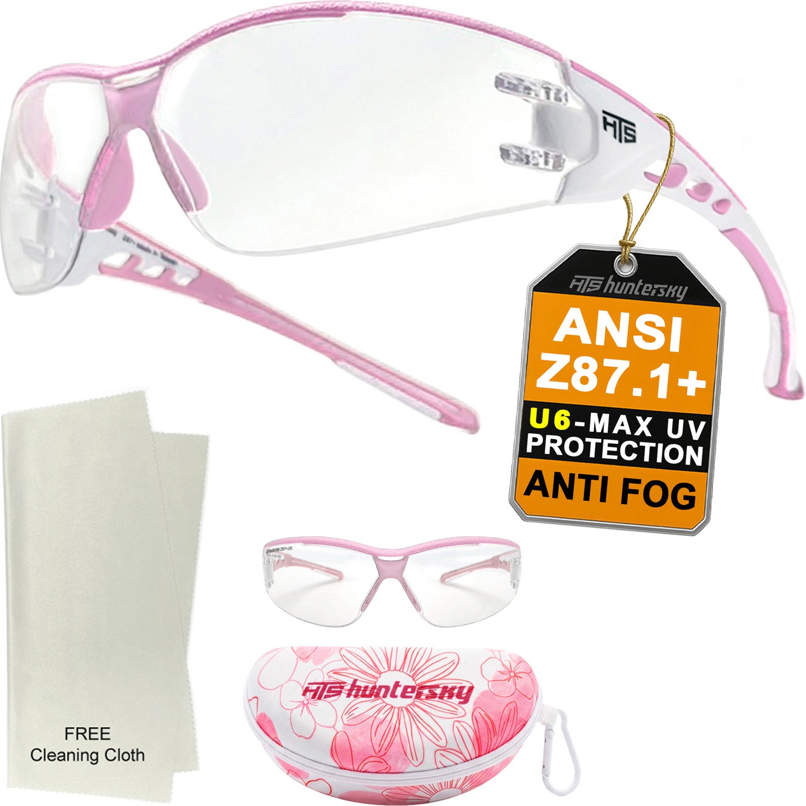 HTS HUNTERSKY E9532 Super Flexible Lightweight Anti Fog Wrap-Around U6 Clear Shooting Safety Glasses with ANSI Z87.1 Scratch Resist
