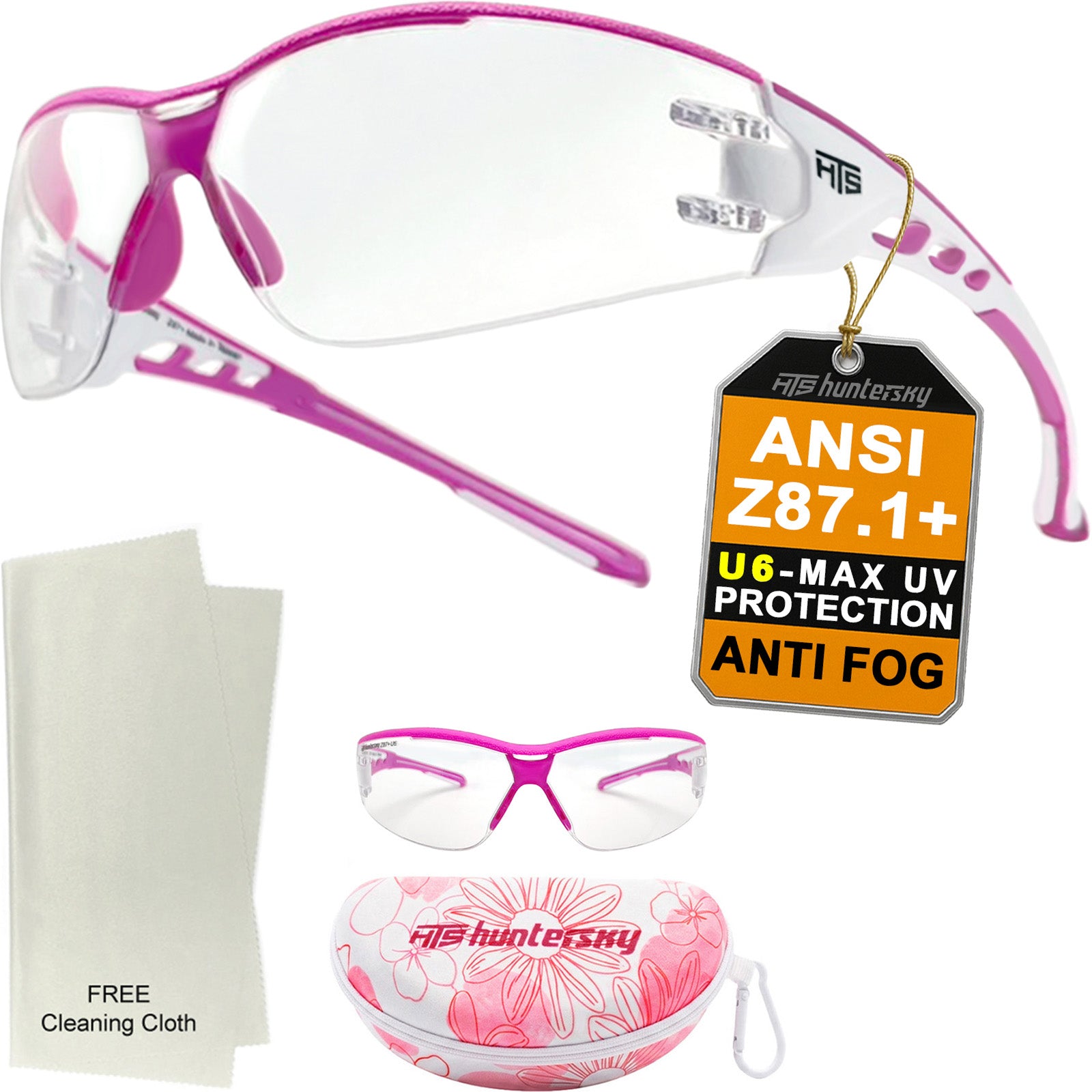 HTS HUNTERSKY E9532 Super Flexible Lightweight Anti Fog Wrap-Around U6 Clear Shooting Safety Glasses with ANSI Z87.1 Scratch Resist