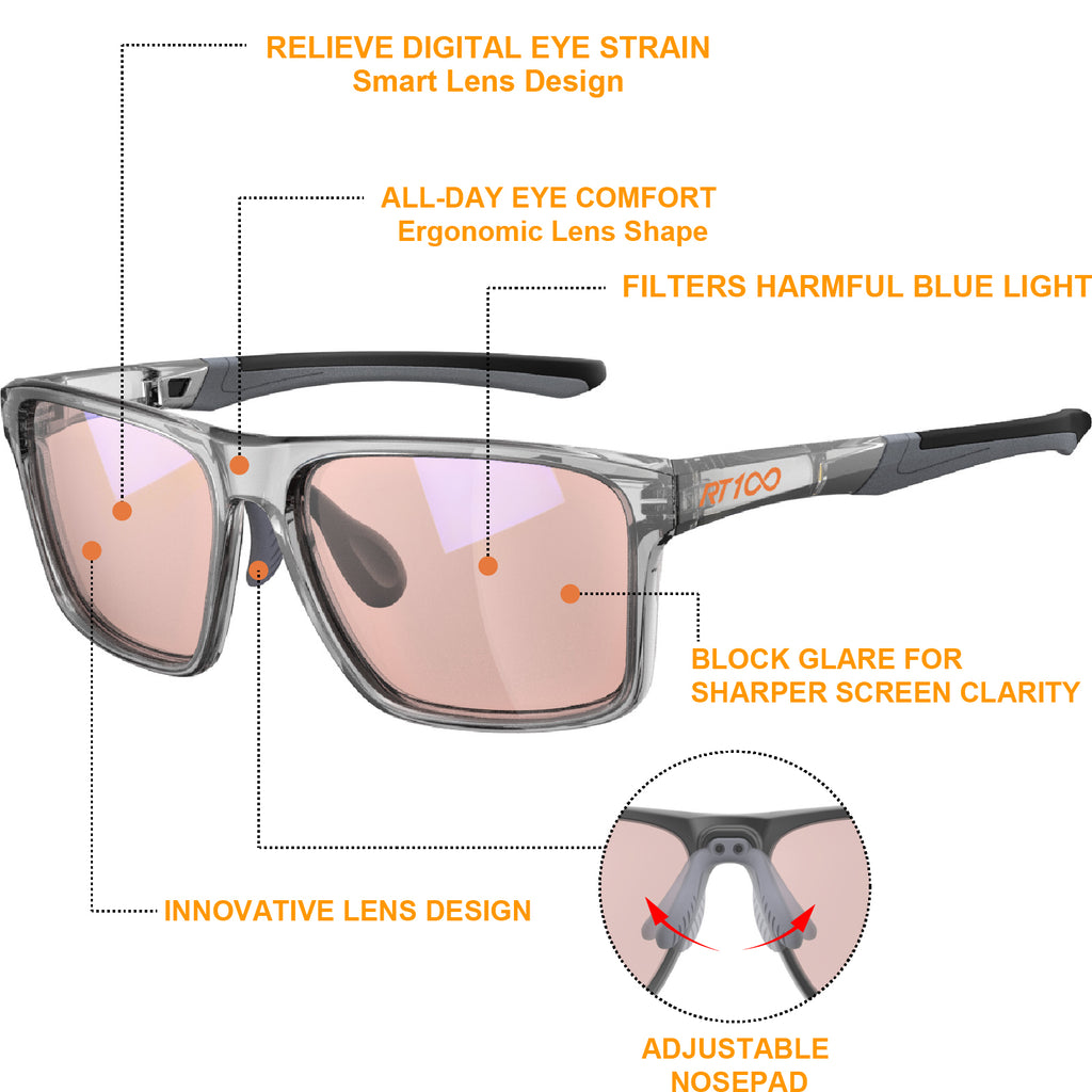 RT100 P1AG HD Premium Gaming and Computer Screen Rose Tint Glasses Blue Light Blocking 78% Reduce Glare Anti Eyestrain P1AG
