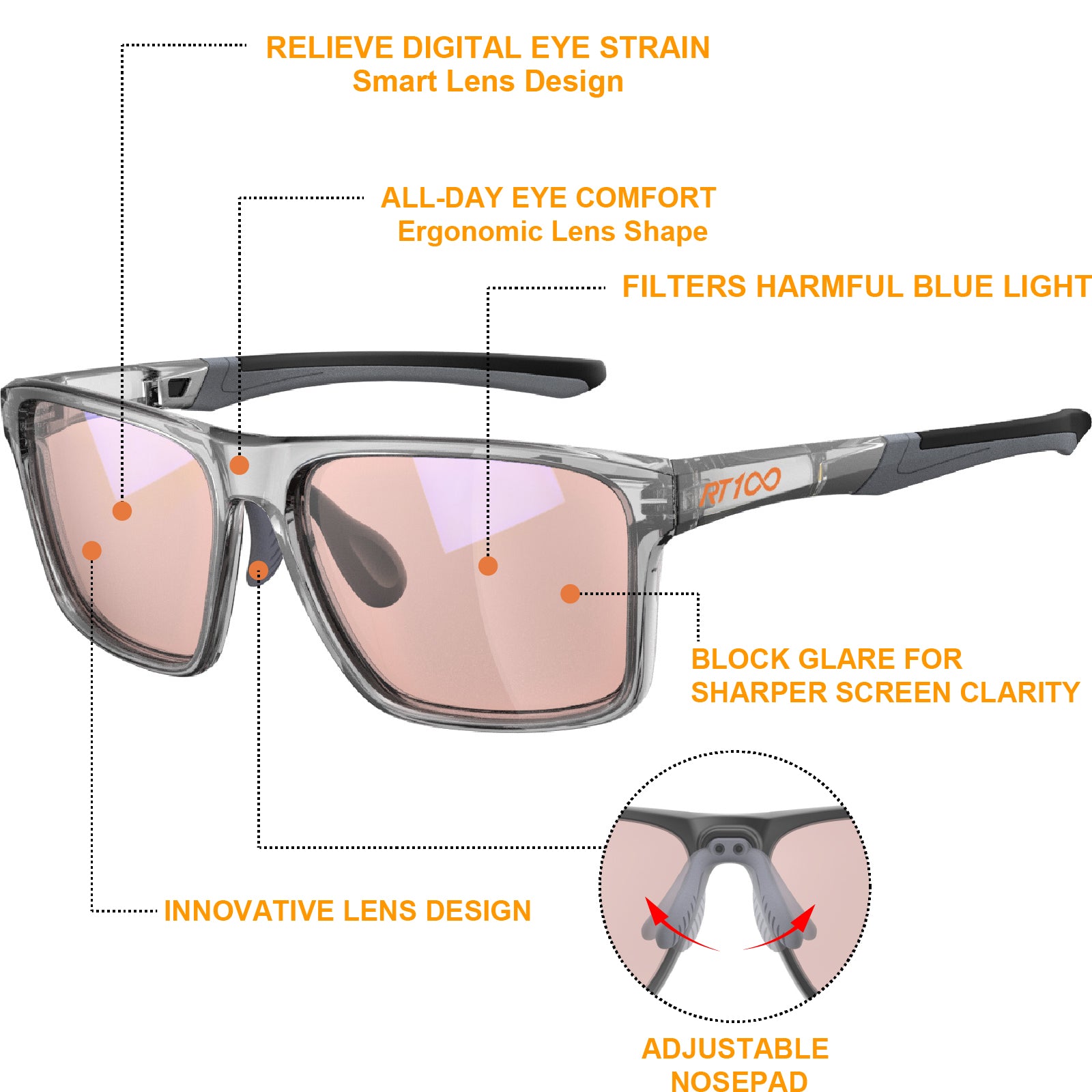 RT100 P1AG HD Premium Gaming and Computer Screen Rose Tint Glasses Blue Light Blocking 78% Reduce Glare Anti Eyestrain P1AG