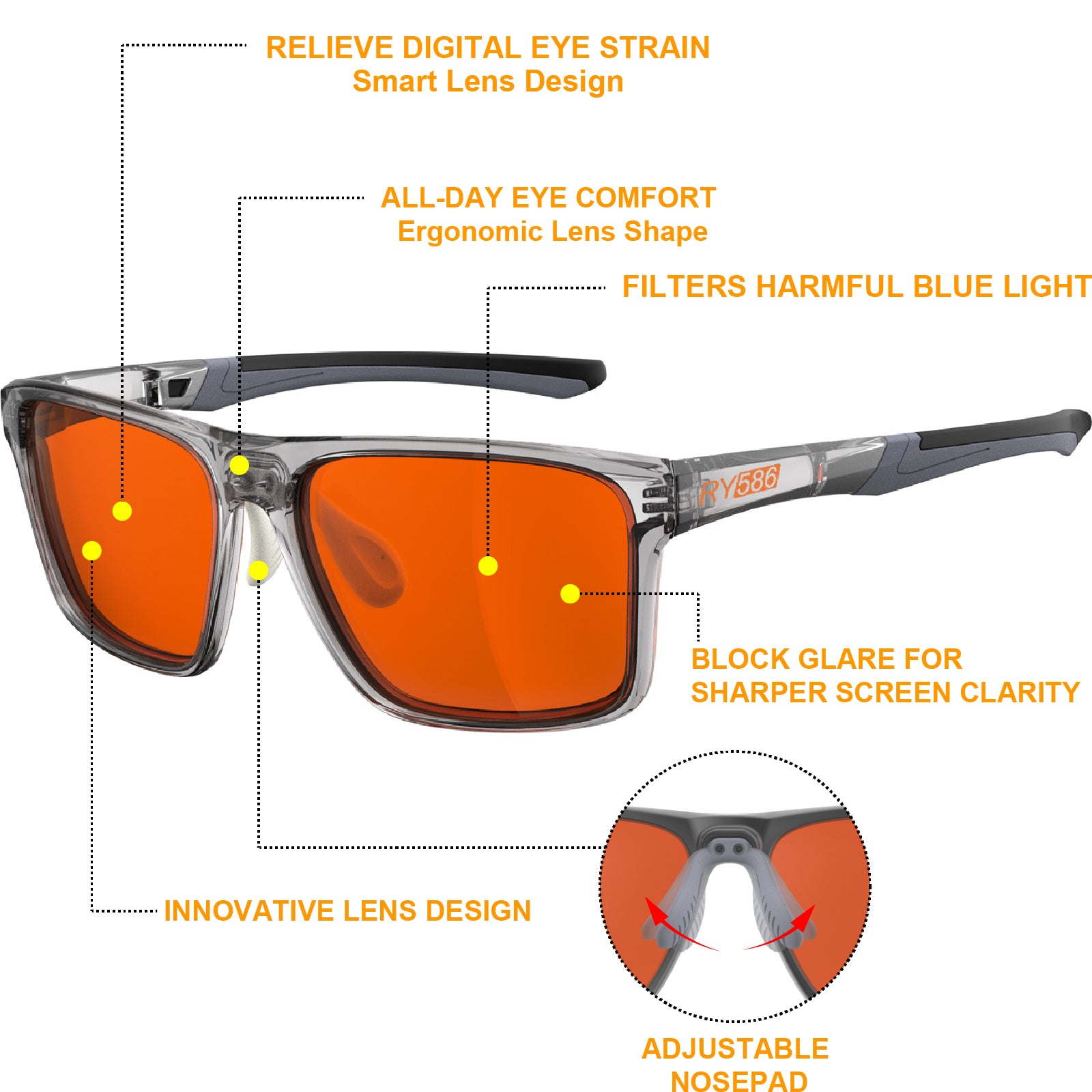 RY586 P1AS HD Premium Sleep Glasses P1AS 99.9% Blue Light Blocking Gaming Computer Screen Glasses Reduce Eyestrain & Glare High Contrast Definition UV580 nm
