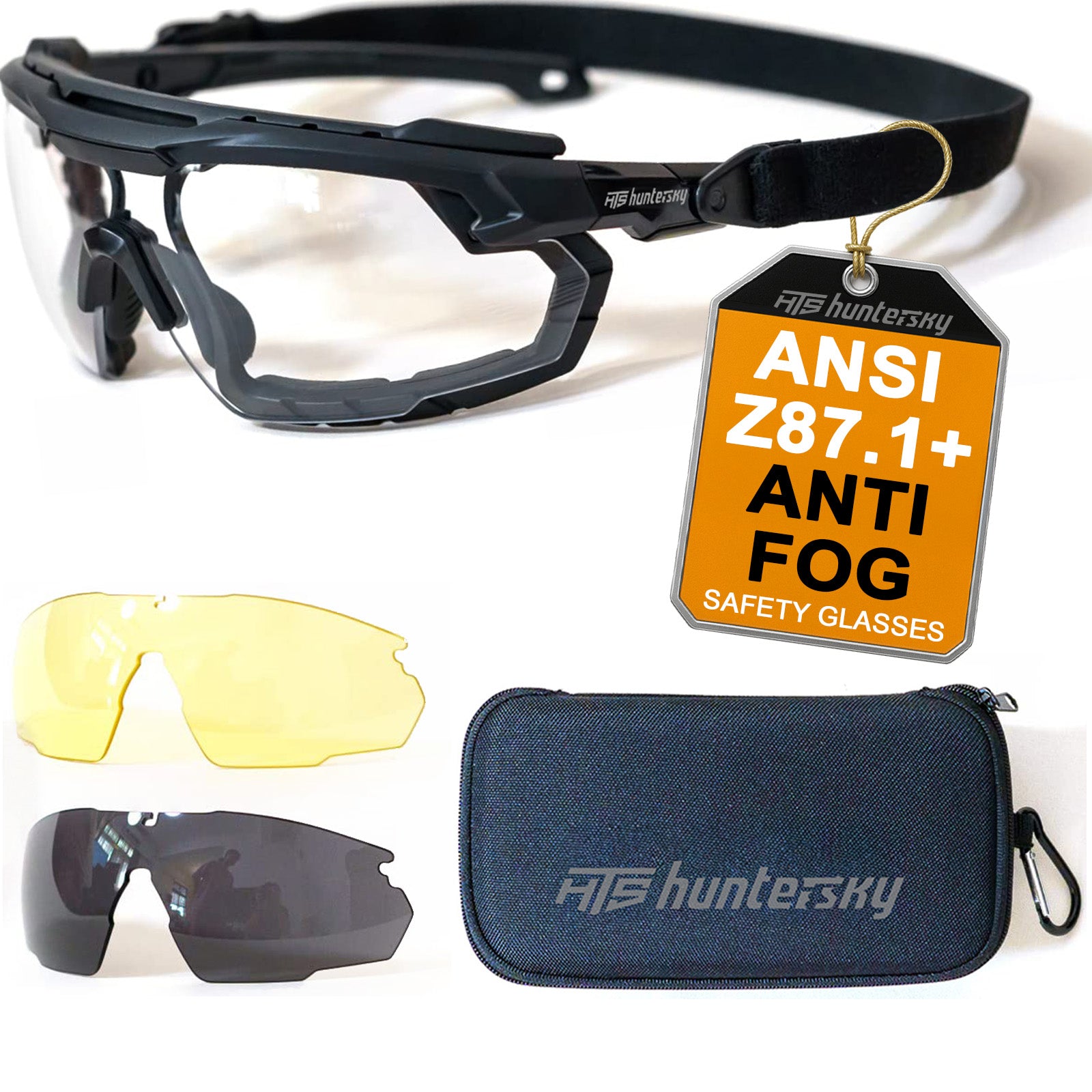 HTS HUNTERSKY ANSI Z87.1+ anti-fog shooting glasses with yellow and gray interchangeable lenses and carrying case